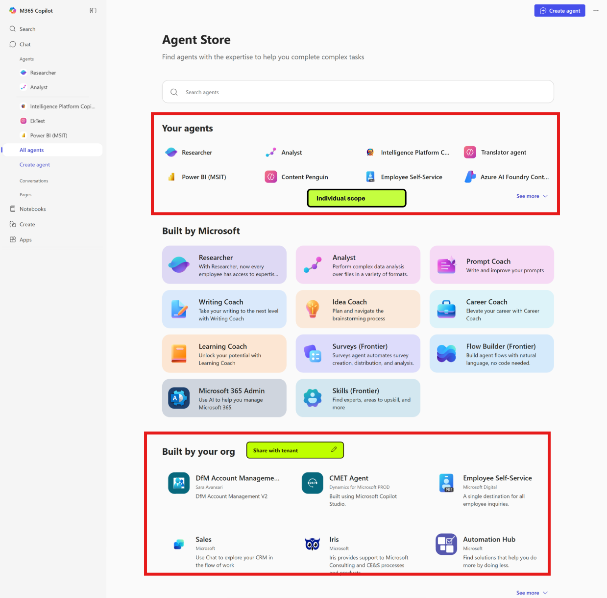 A screenshot dell'archivio di Agent in Microsoft 365 Copilot.