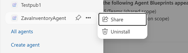 Screenshot di come condividere con altri utenti dell'organizzazione un agente pubblicato con ambito individuale.