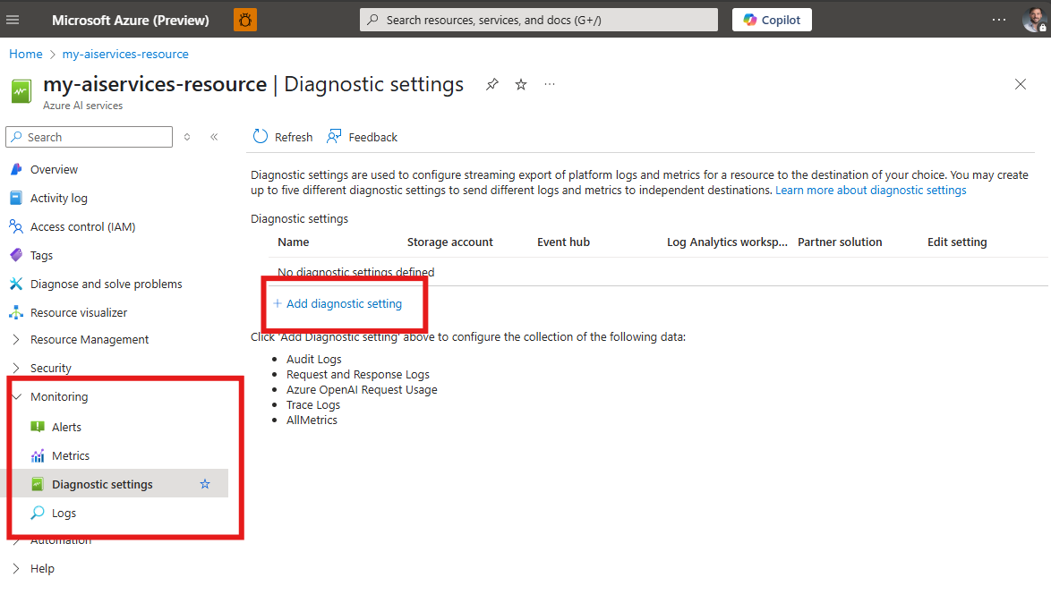Screenshot che mostra come configurare la registrazione diagnostica in una risorsa.png