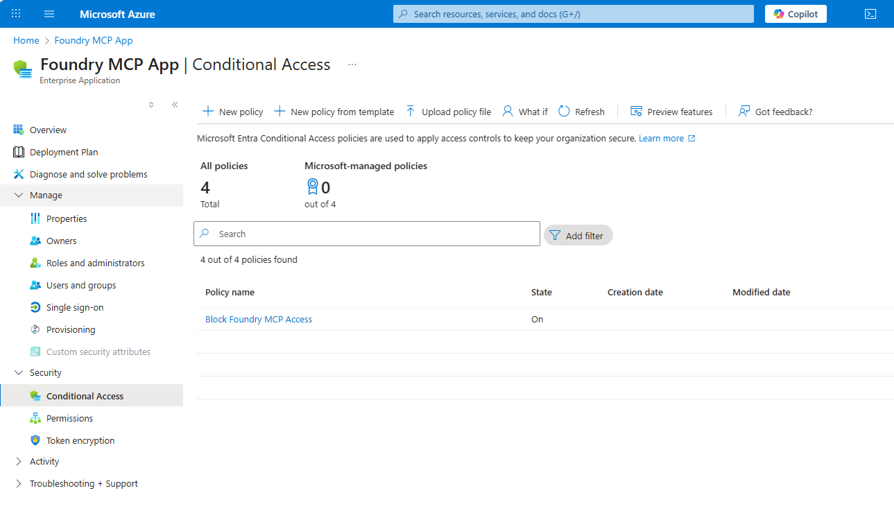 Screenshot delle opzioni di accesso condizionale per la configurazione dell'app.