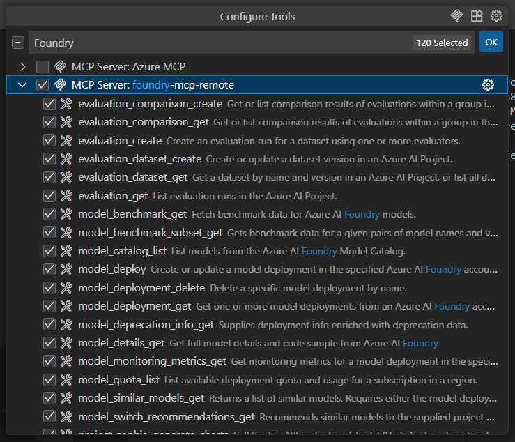 Screenshot dell'elenco strumenti Modalità Agente di GitHub Copilot che mostra lo strumento Foundry MCP Server.