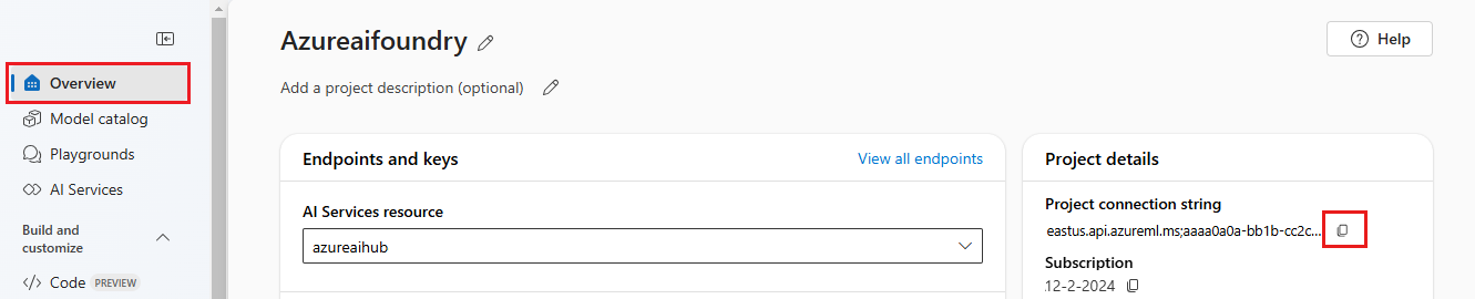 Screenshot mostra la pagina di panoramica di un progetto e la posizione del stringa di connessione.