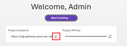 Screenshot della schermata di benvenuto di Microsoft Foundry Models che mostra l'URL dell'endpoint e il pulsante copia.