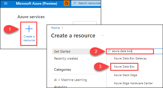 Illustrazione che mostra il pulsante Più Crea una risorsa e la casella di testo per la selezione del servizio in cui creare la risorsa in Azure Data Box è evidenziata.