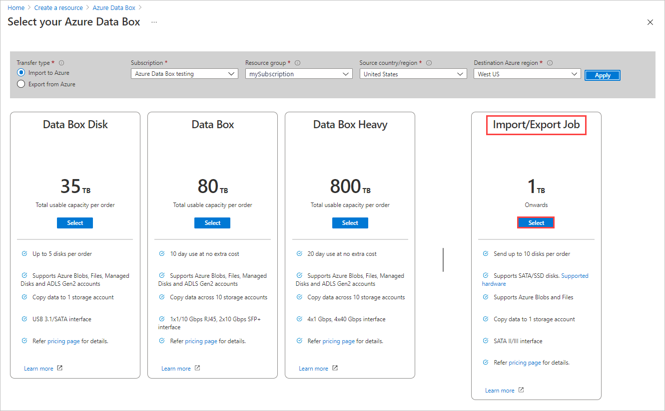 Screenshot che mostra le opzioni dei prodotti per un nuovo ordine di Data Box. Il pulsante Seleziona per il processo di Importazione/Esportazione è evidenziato.