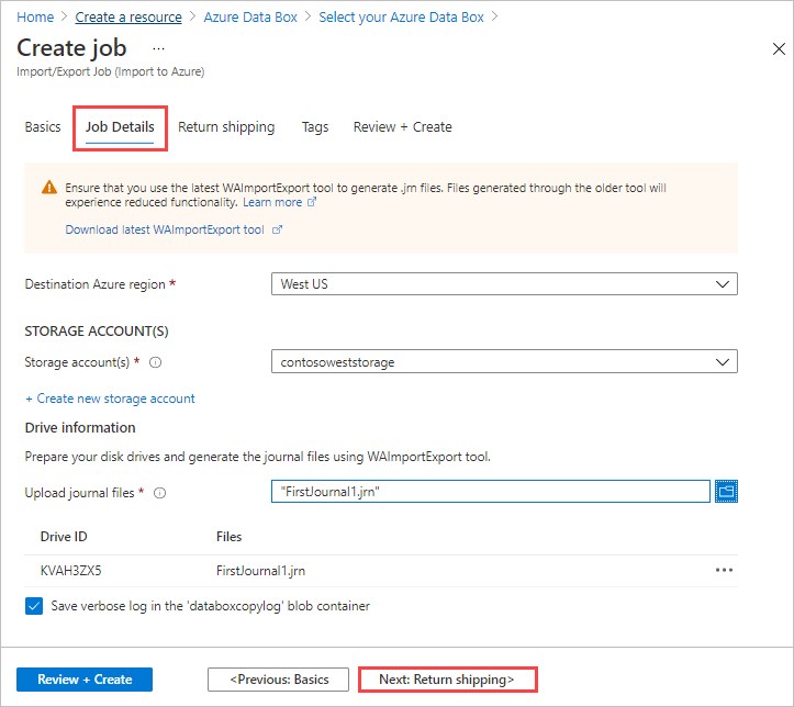 Screenshot della scheda Dettagli processo completata per un processo di importazione in Azure Data Box. La scheda Dettagli processo e il pulsante Avanti: Spedizione per reso sono evidenziati.