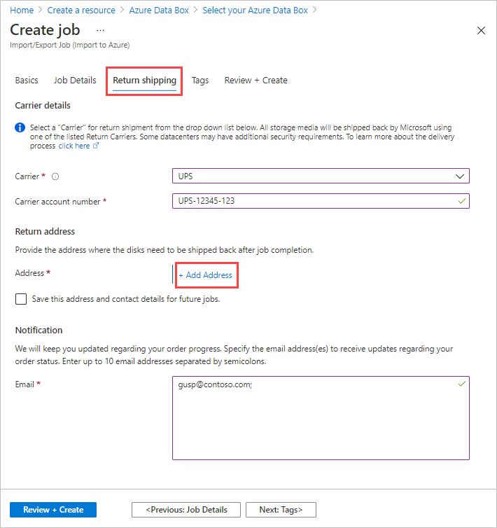 Screenshot della scheda Spedizione per reso per un processo di importazione in Azure Data Box. La scheda Spedizione per reso e il pulsante Più Aggiungi indirizzo sono evidenziati.