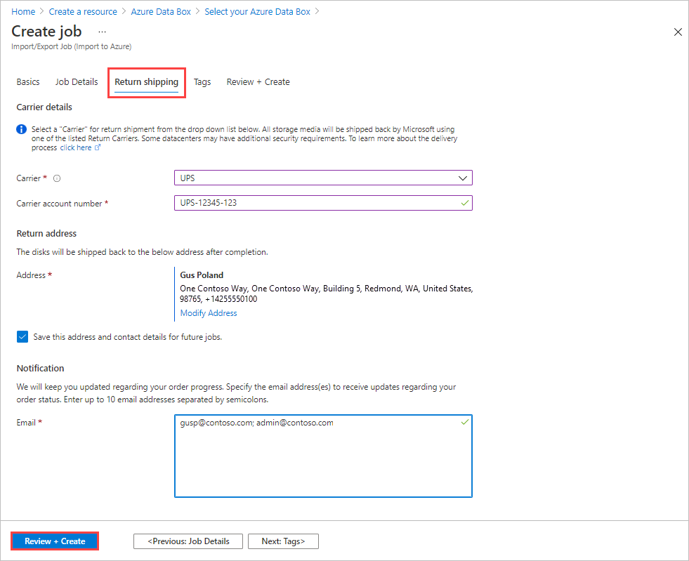 Screenshot della scheda Spedizione per reso per un processo di importazione in Azure Data Box con tutti i campi compilati. La scheda Spedizione per reso e il pulsante Rivedi e crea sono evidenziati.