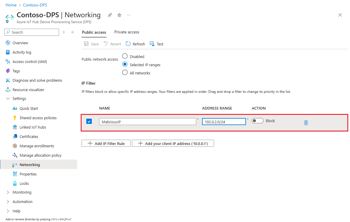 Screenshot che mostra come modificare una regola di filtro IP per un'istanza del servizio Device Provisioning IoT nel portale di Azure.