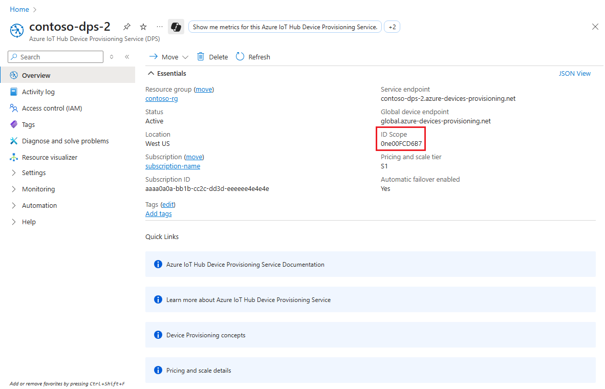 Screenshot della pagina Panoramica per un'istanza di Azure IoT DPS nel portale di Azure, evidenziando la posizione del valore ID Scope.