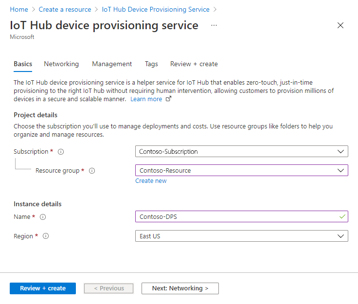 Screenshot che mostra la scheda Informazioni di base del servizio Device Provisioning in hub IoT. Immettere le informazioni di base sull'istanza del servizio Device Provisioning nel portale.