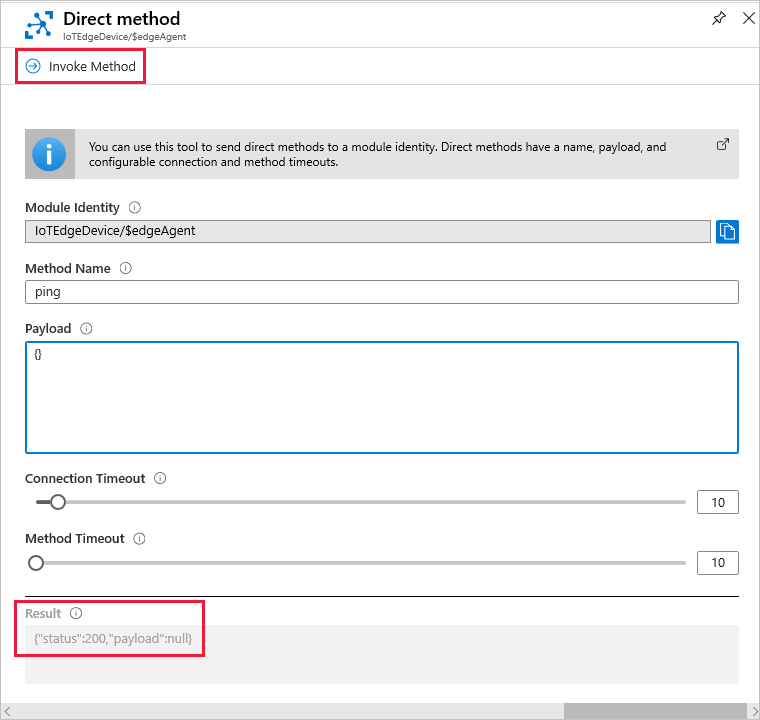 Screenshot per richiamare il metodo diretto ping nel portale di Azure.