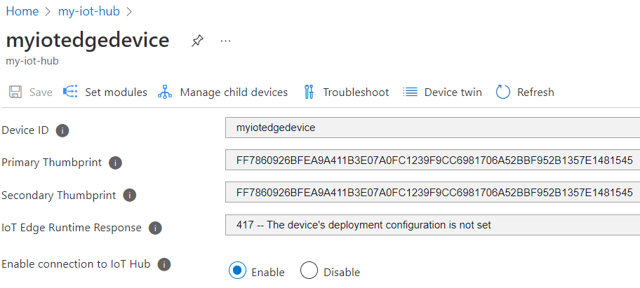 Una schermata delle impostazioni del dispositivo IoT Hub nel portale di Azure. I campi delle impronte digitali del certificato mostrano valori.