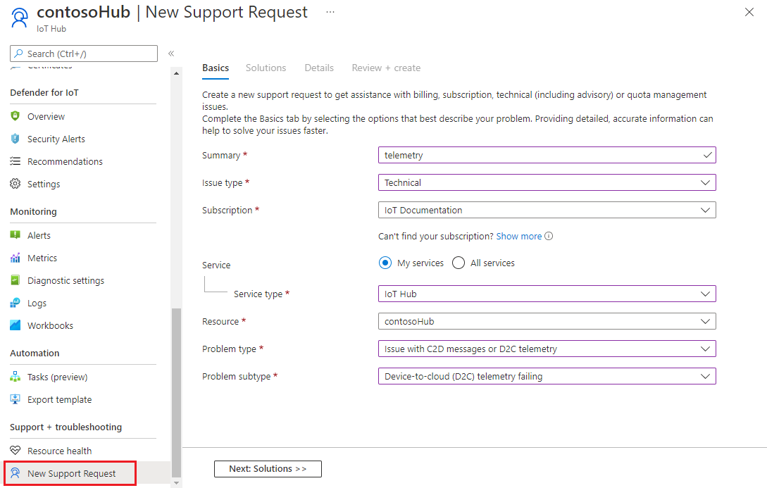 Screenshot che mostra la selezione di un problema nella richiesta di supporto sul portale di Azure.