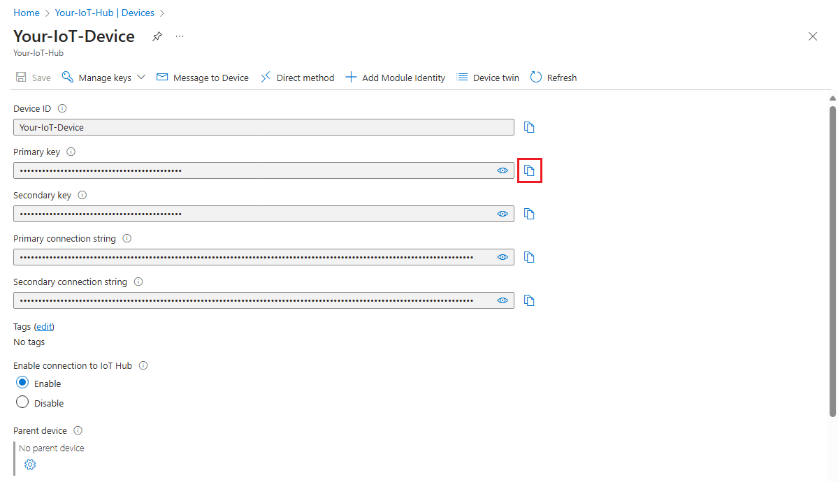 Screenshot che mostra come copiare la chiave primaria per un dispositivo IoT dalla pagina dei dettagli del dispositivo nel portale di Azure.
