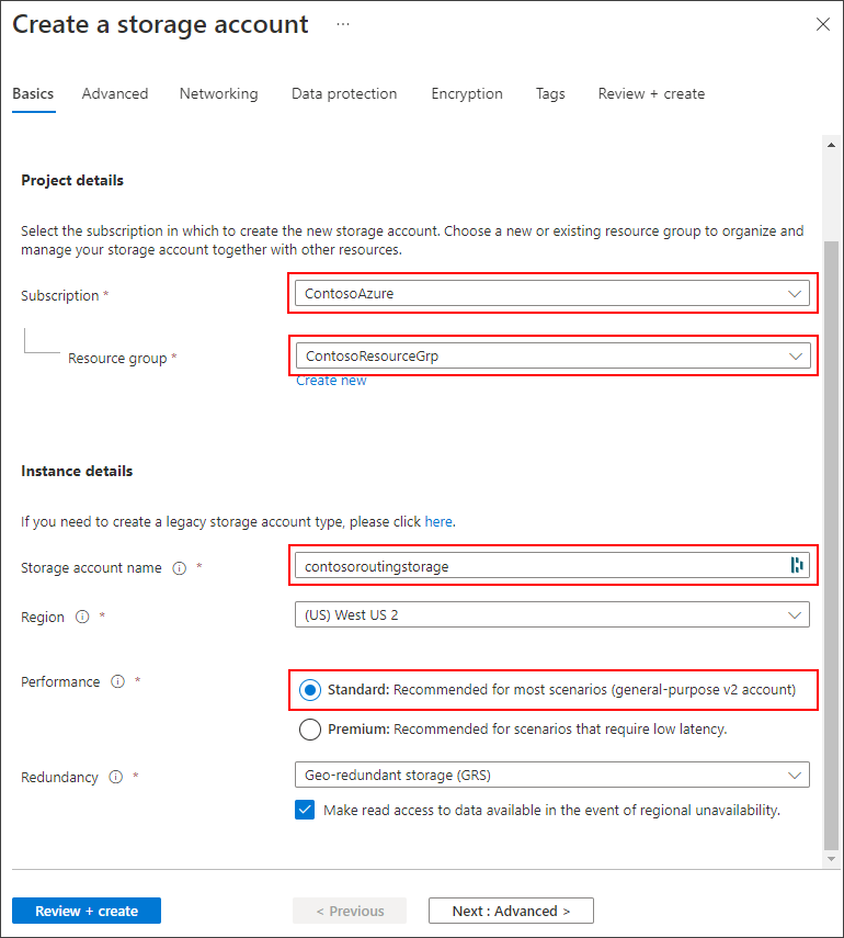 Screenshot che mostra come creare un account di archiviazione nel portale di Azure.