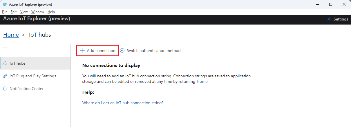 Screenshot che mostra l'aggiunta di una connessione all'hub IoT in Azure IoT Explorer.