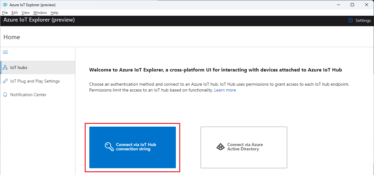 Screenshot che mostra il riquadro iniziale di Azure IoT Explorer, con l'opzione per connettersi tramite una stringa di connessione dell'hub IoT evidenziata.