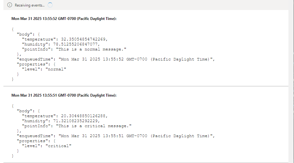 Screenshot che mostra i messaggi in arrivo nell'hub IoT nell'endpoint predefinito.