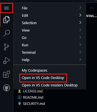 Screenshot che mostra l'apertura del codespace in VS Code Desktop.