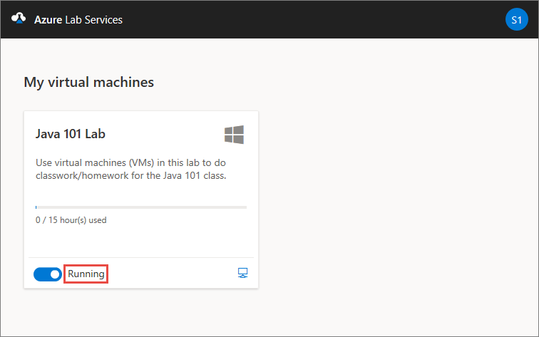 Ritaglio di schermata della pagina Macchine virtuali personali nel sito Web di Azure Lab Services con evidenziato lo stato In esecuzione della macchina virtuale.