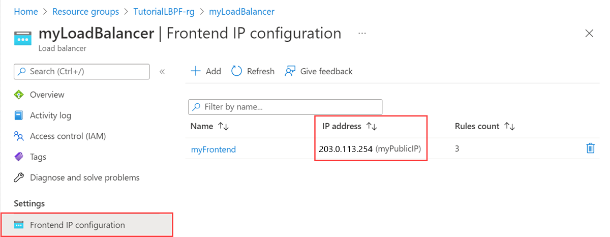 Screenshot dell'indirizzo IP pubblico nel portale di Azure.