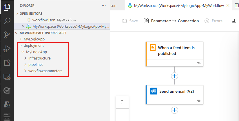 Screenshot che mostra Visual Studio Code, l'icona Explorer selezionata nel menu a sinistra, un progetto di app Logic e la cartella degli script di distribuzione con il suo contenuto evidenziati.