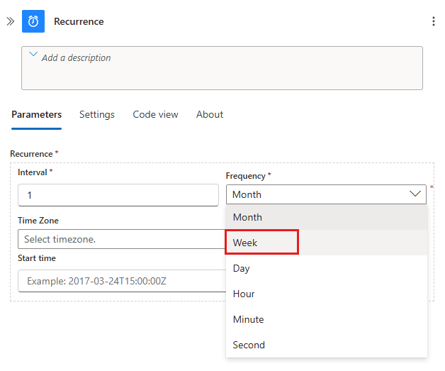 Screenshot che mostra il trigger Ricorrenza con il riquadro informazioni aperto e l'elenco Frequenza aperto per visualizzare le opzioni di frequenza disponibili.