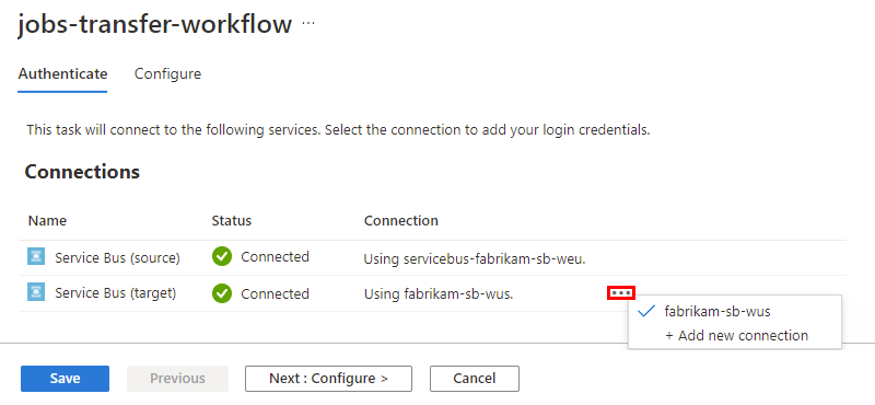 Screenshot che mostra la scheda Autenticazione, le connessioni esistenti e il menu di scelta rapida selezionato.