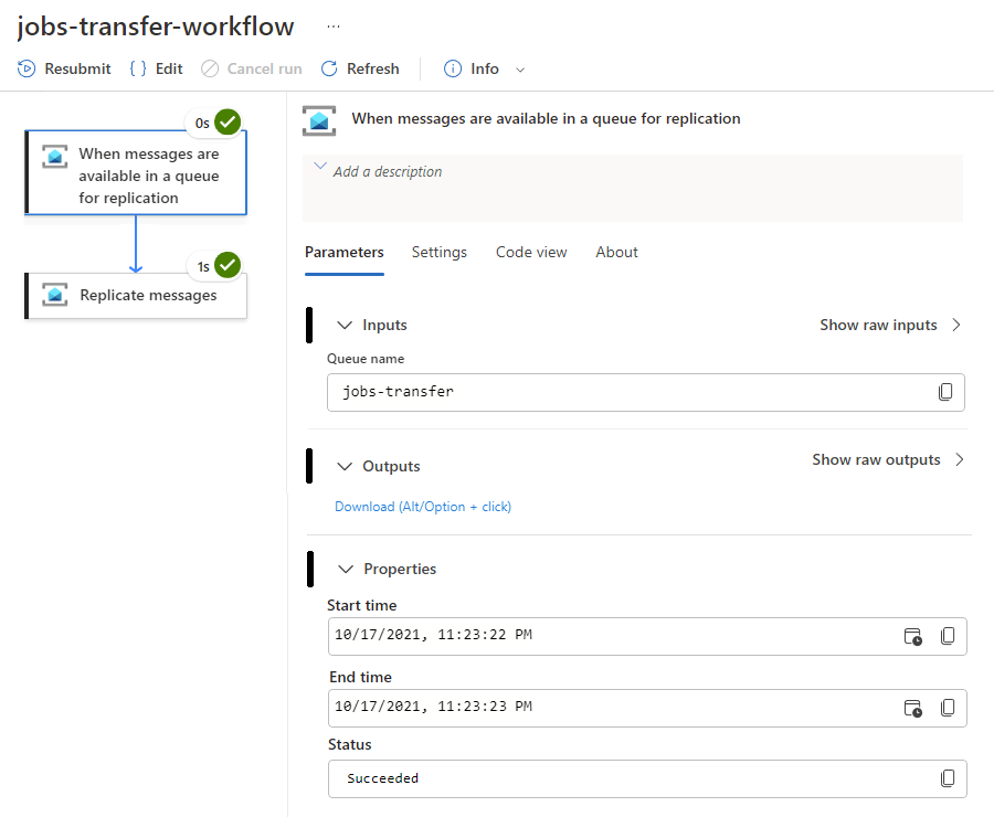 Screenshot che mostra gli input, gli output e le proprietà del trigger.