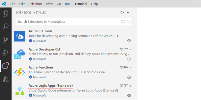 Screenshot mostra Visual Studio Code con l'estensione Azure Logic Apps (Standard) installata.