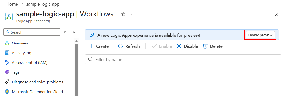 Screenshot delle opzioni Flussi di lavoro nel riquadro di lavoro del portale di Azure con il pulsante Abilita anteprima evidenziato. 