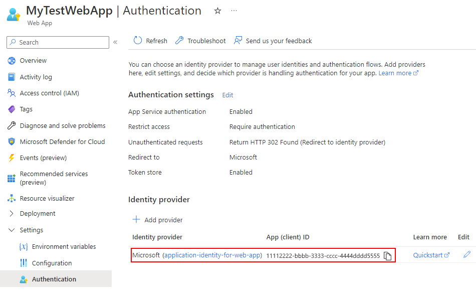 Screenshot che mostra l'identità dell'applicazione appena creata per l'app Web o l'app per le API.