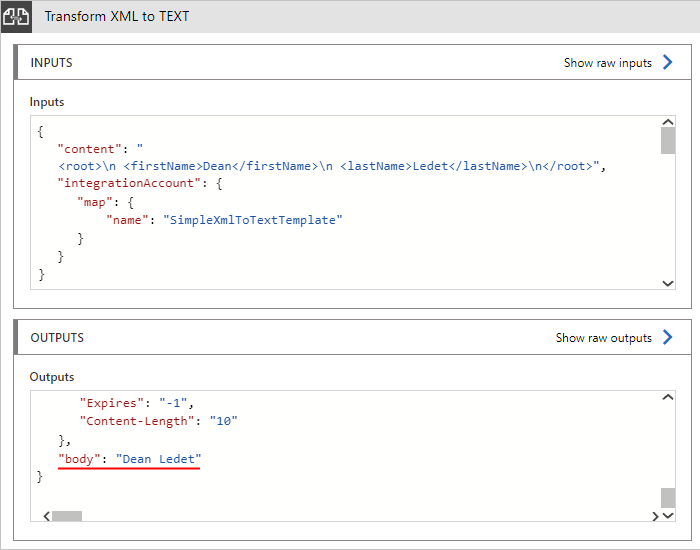 Screenshot che mostra l'output di esempio per la trasformazione da XML a testo