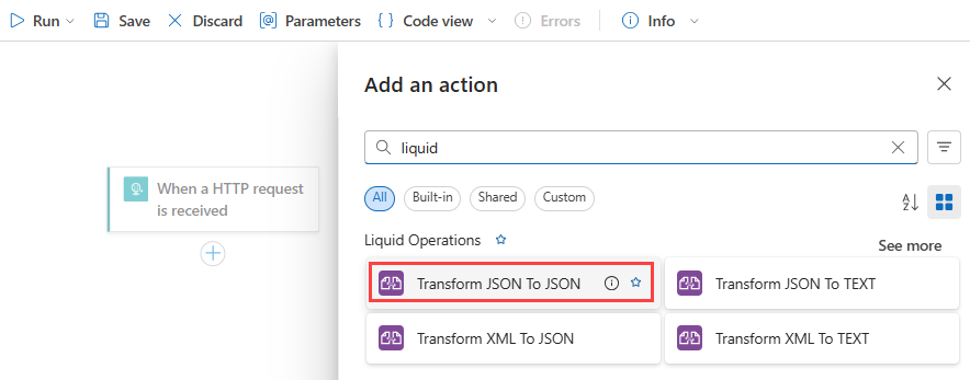 Screenshot che mostra la finestra di progettazione del flusso di lavoro Consumo con un'azione Liquid selezionata.