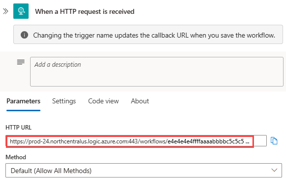 Screenshot che mostra il flusso di lavoro di consumo, il trigger della richiesta e l'URL di callback generato per l'endpoint.