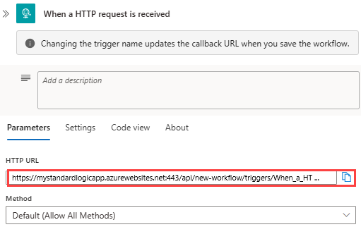 Screenshot che mostra il flusso di lavoro Standard, il trigger di richiesta e l'URL di callback generato per l'endpoint.