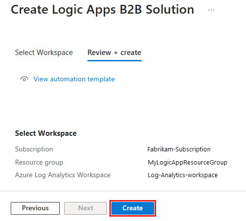 La schermata mostra la pagina della soluzione B2B di Logic Apps, nella quale è possibile selezionare una sottoscrizione e un piano, quindi fare clic su Crea.