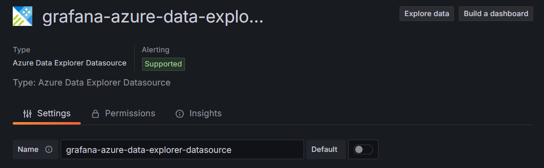 Screenshot della piattaforma Grafana che mostra le impostazioni di configurazione di base per Esplora dati di Azure.