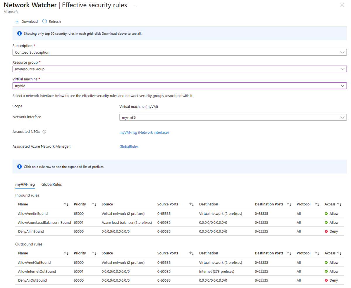Screenshot delle regole di sicurezza valide di Azure Network Watcher nel portale di Azure.