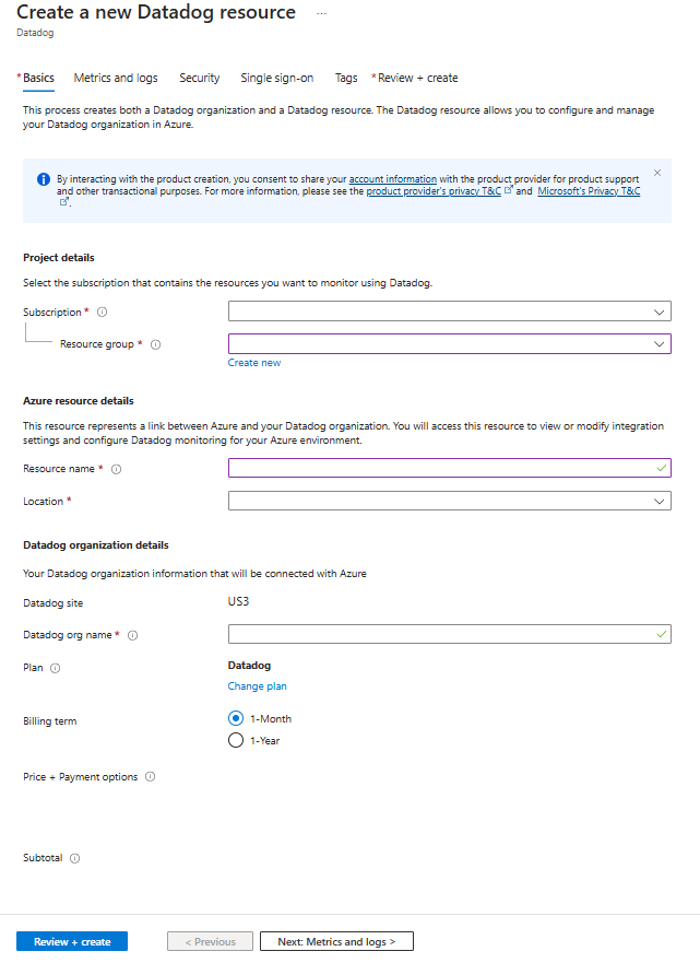Screenshot delle opzioni Crea una risorsa Datadog in Azure all'interno del riquadro di lavoro del portale di Azure con la scheda Informazioni di base visualizzata.