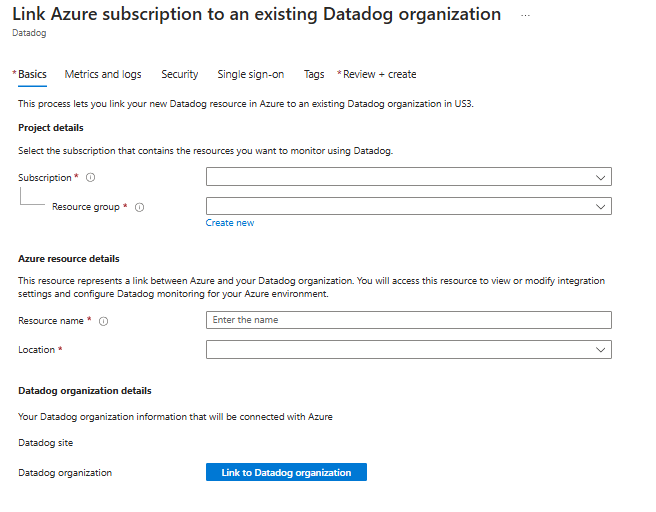 Screenshot che mostra la sezione Collegare la sottoscrizione di Azure a un'organizzazione Datadog esistente all'interno del riquadro di lavoro del portale di Azure con la scheda Informazioni di base visualizzata.