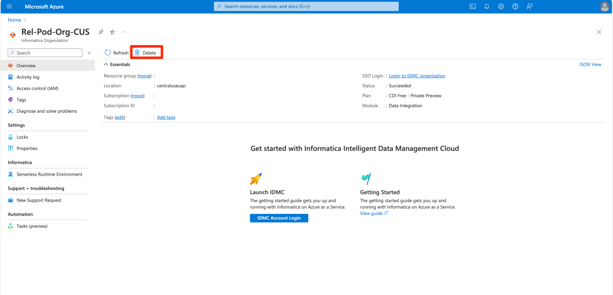 Screenshot che mostra come eliminare una risorsa Informatica.