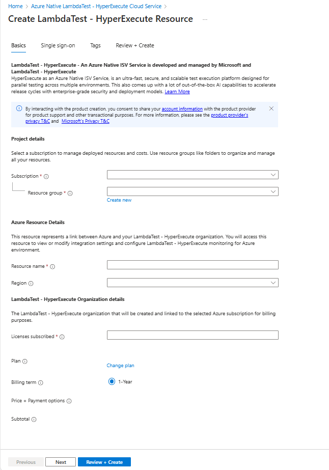 Screenshot delle opzioni Create LambdaTest - HyperExecute Resource in Azure all'interno del riquadro di lavoro del portale di Azure con la scheda Informazioni di base visualizzata.