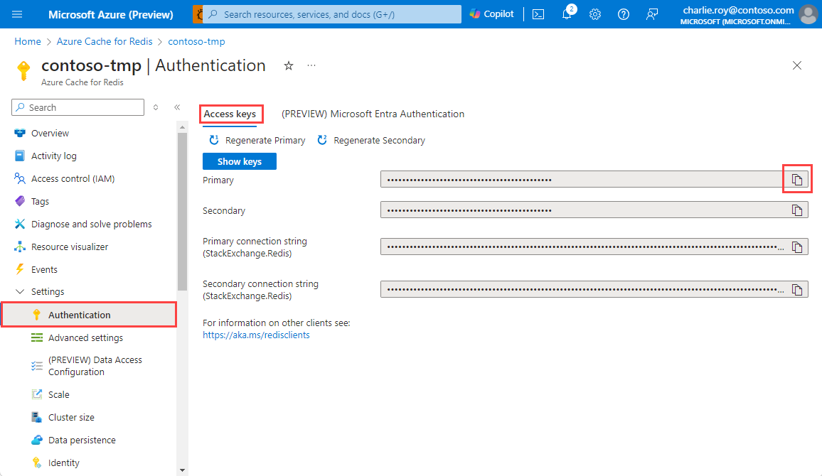 Screenshot che mostra le chiavi di accesso di cache di Azure per Redis.