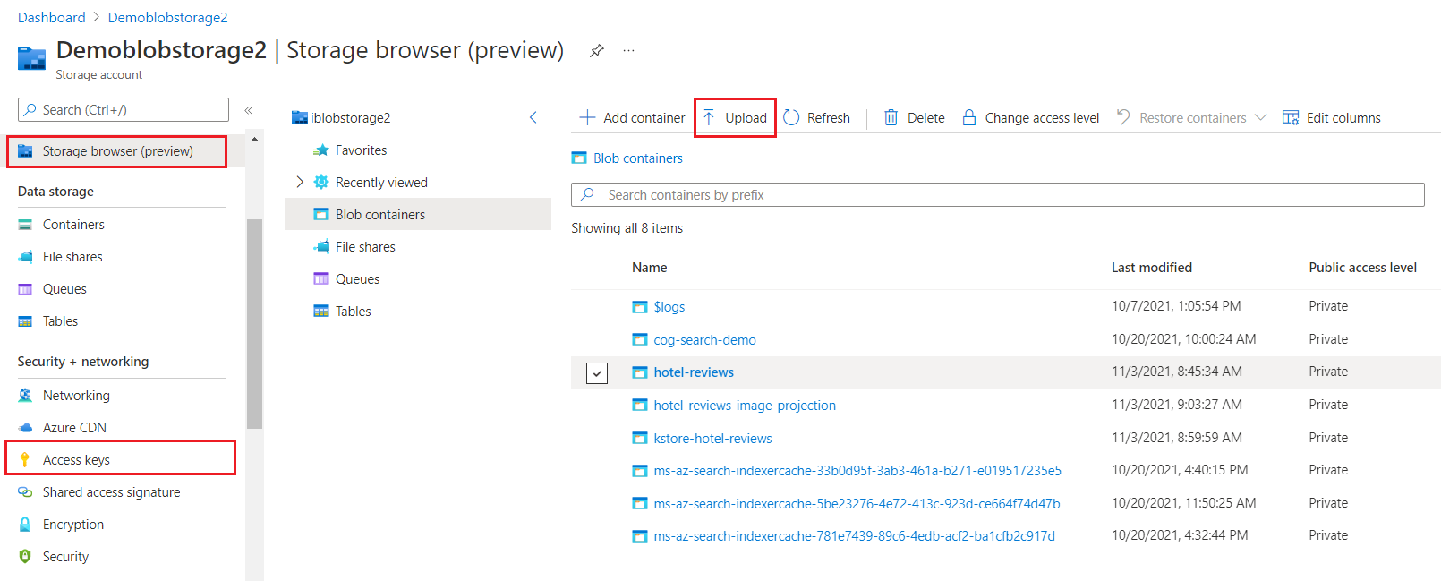 Screenshot di Storage Browser con il file caricato e il riquadro di navigazione a sinistra