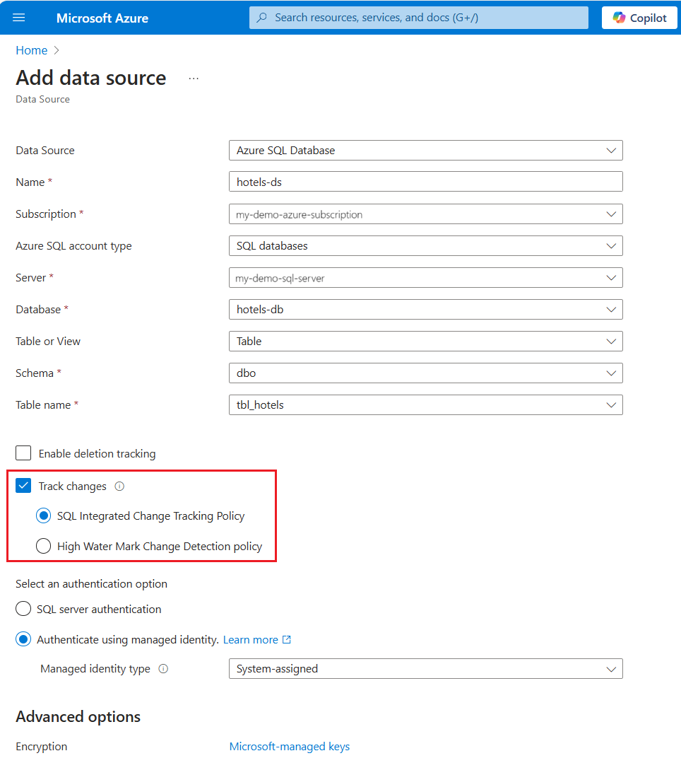 Screenshot della pagina di creazione dell'origine dati nel portale di Azure.