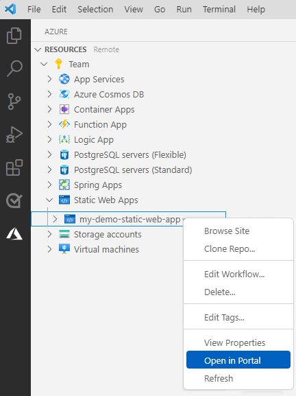 Screenshot di Visual Studio Code che mostra l'explorer di App Web statiche di Azure con l'opzione Apri nel portale visualizzata.