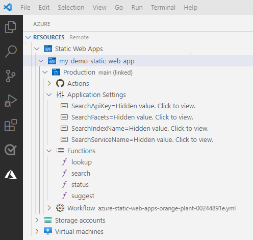 Screenshot di Visual Studio Code che mostra l'explorer di app Web statiche di Azure con le nuove impostazioni dell'applicazione.