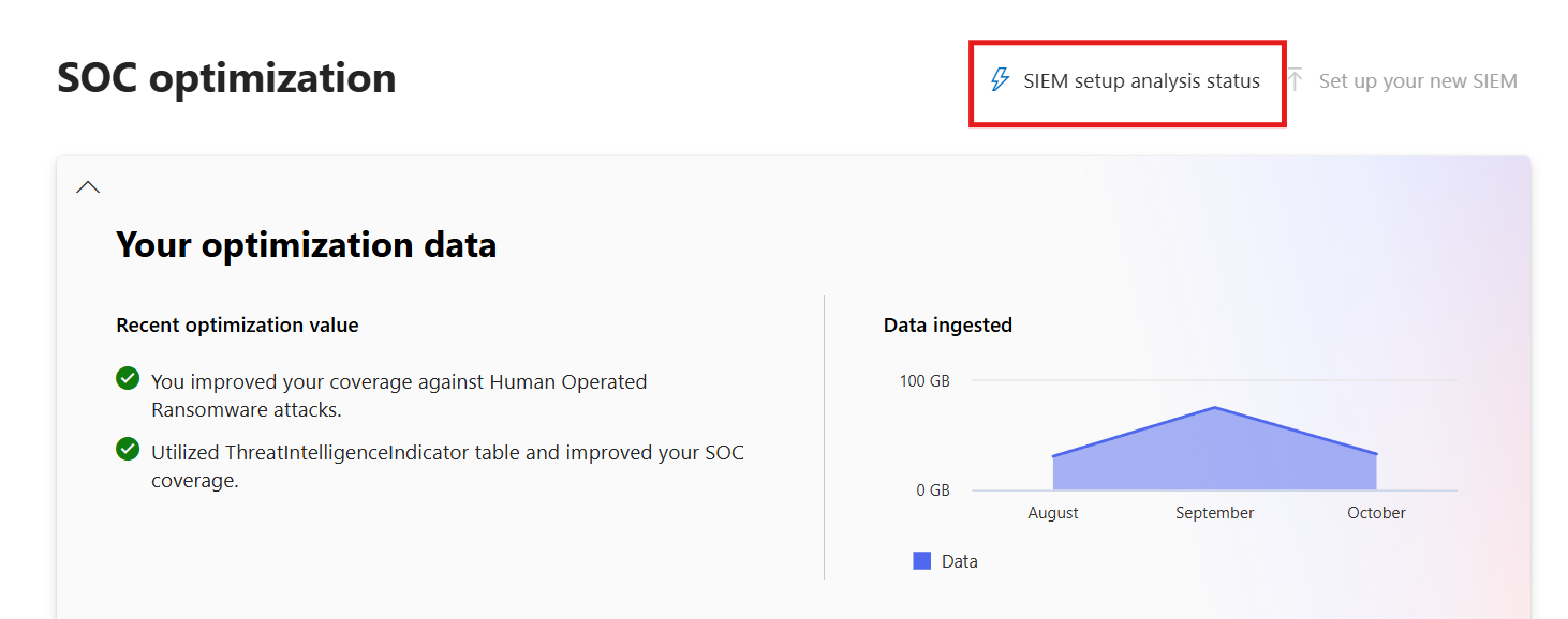 Screenshot dello stato di analisi di configurazione SIEM che mostra lo stato di avanzamento dell'analisi.